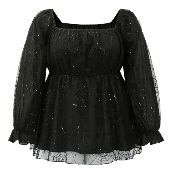 BloomChic Tops - NWT Bloomchic 14/16 Spiderweb Mesh Sequin Square Neck Blouse Goth 1X